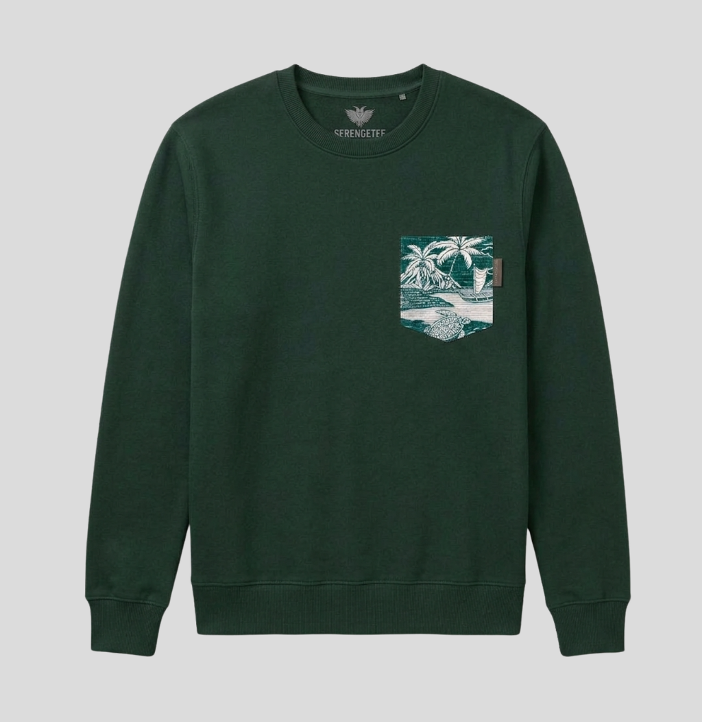 A dark forest green crewneck sweatshirt with a chest pocket featuring a teal and white tropical palm tree graphic, shown against a light gray background.