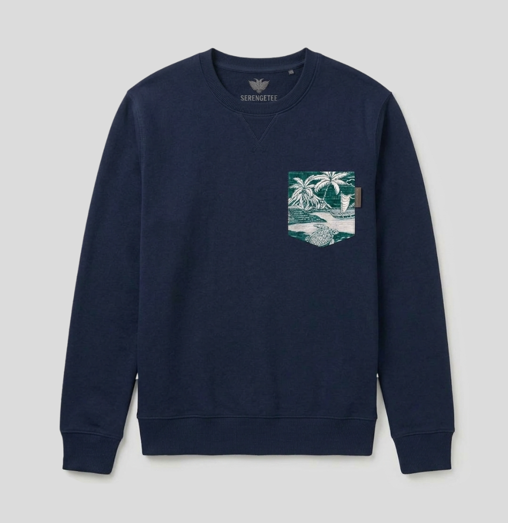 A navy blue crewneck sweatshirt by Surfmelt, featuring a chest pocket with a green and white palm tree graphic print, displayed against a light gray background.