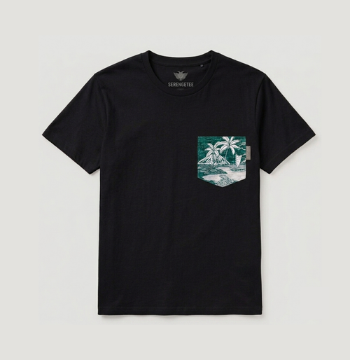 A black short-sleeve crewneck t-shirt by Semblante, featuring a graphic print on the left chest pocket depicting a tropical island with palm trees and waves in teal, white, and light blue.