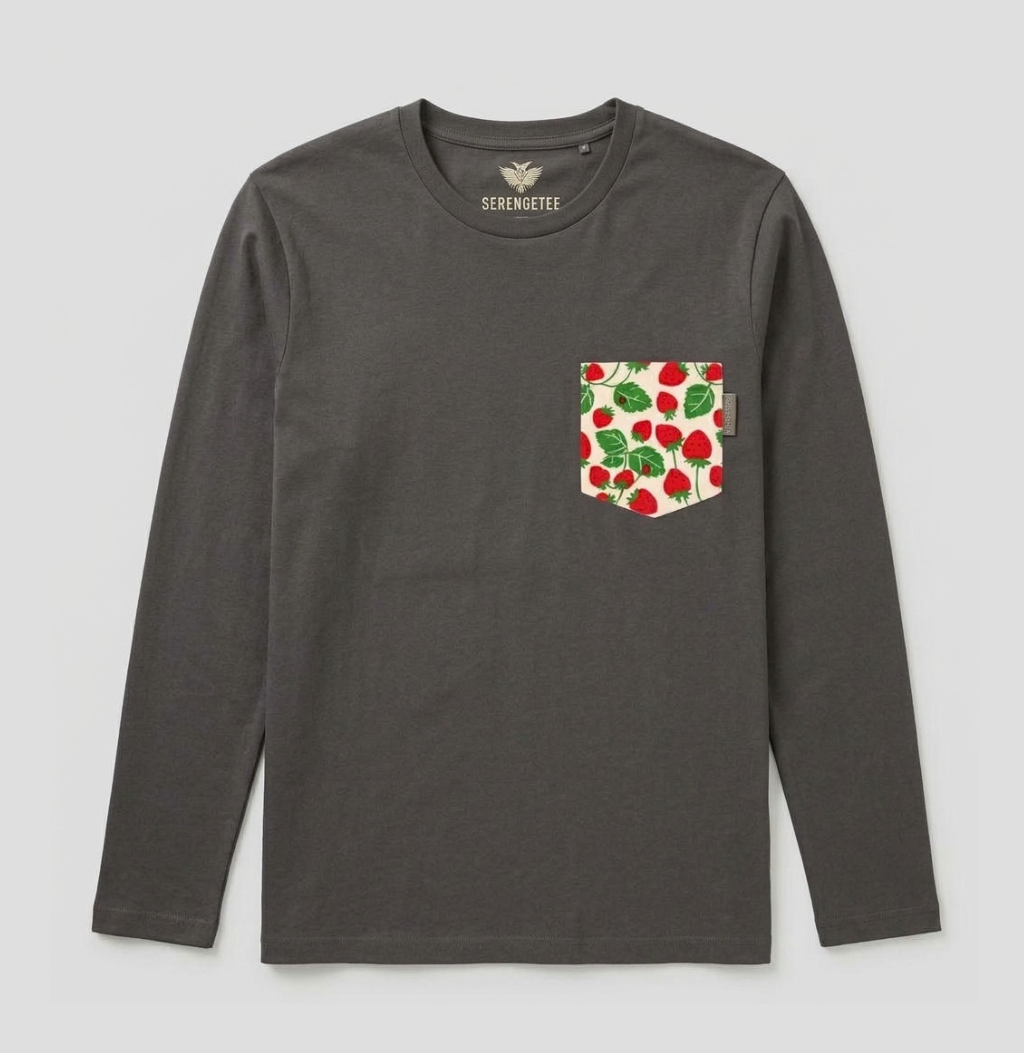 A dark gray long-sleeve crewneck shirt by Seremjitte, featuring a chest pocket with a red strawberry and green leaf pattern on a cream background.