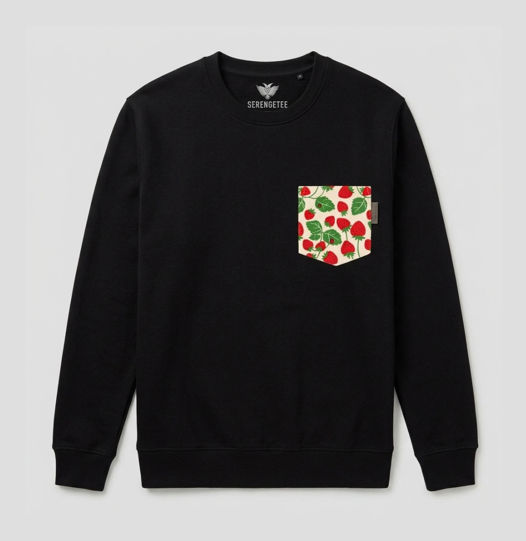 A black crewneck sweatshirt with a chest pocket featuring a red and green strawberry pattern, shown against a light gray background.
