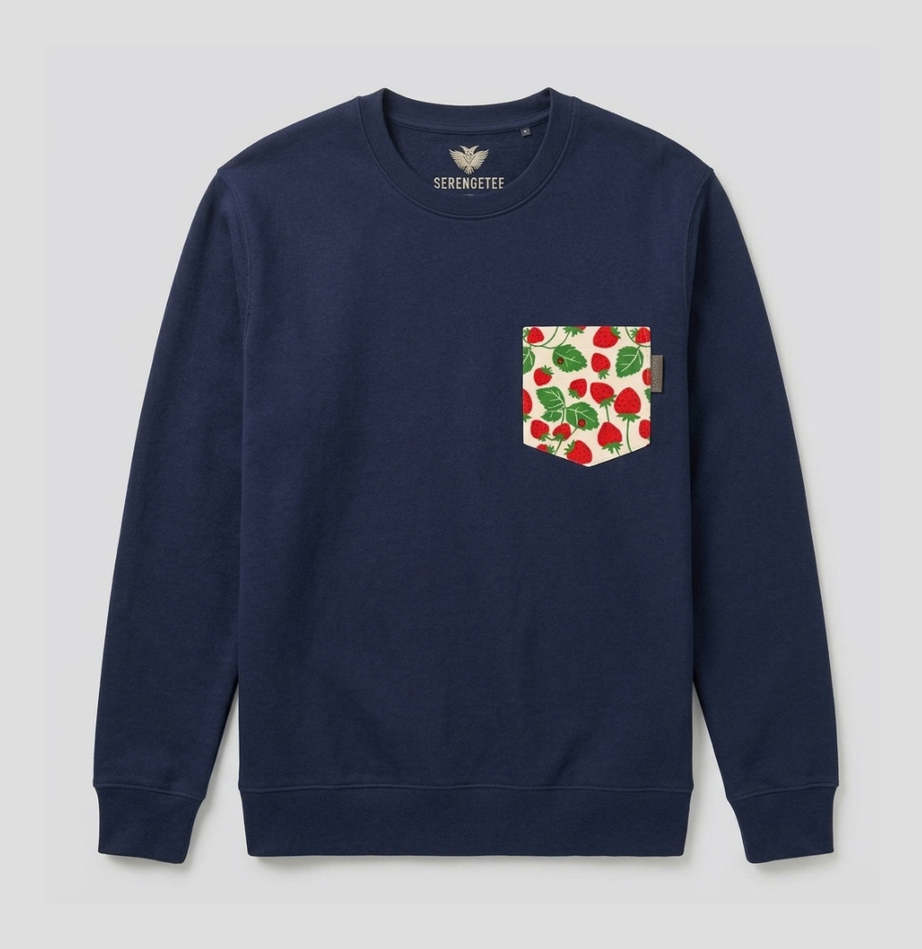 A navy blue crewneck sweatshirt by Semperfetti, featuring a chest pocket with a red and green strawberry pattern on a cream background.