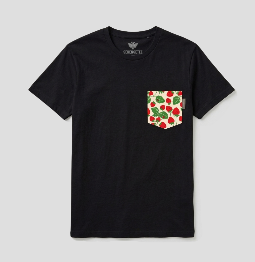 A black short-sleeve pocket t-shirt by Serhengtee, featuring a chest pocket with a red strawberry and green leaf pattern on a light background.