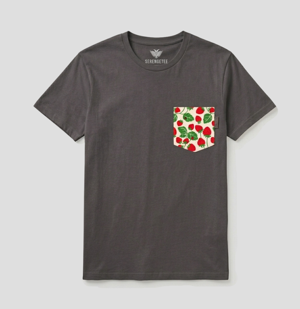 A dark gray crewneck t-shirt with a chest pocket featuring a red strawberry and green leaf pattern, shown against a light gray background.