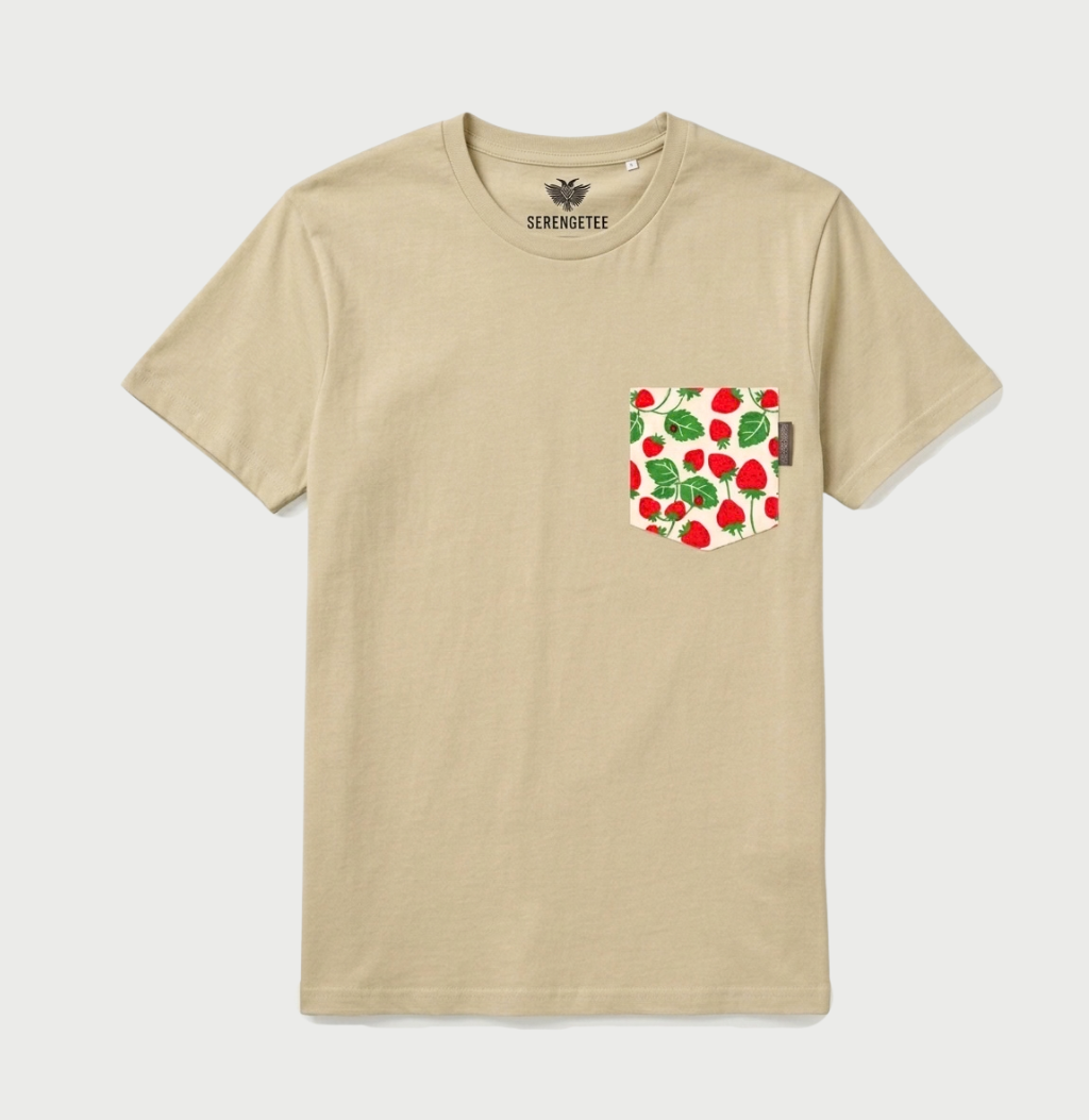 A khaki short-sleeve pocket t-shirt by Serengetee, featuring a front chest pocket with a red strawberry and green leaf pattern on a white background.