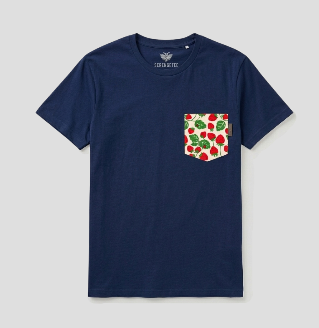 A navy blue short-sleeve pocket t-shirt by Serengetee, featuring a front chest pocket with a red strawberry and green leaf pattern on a white background.