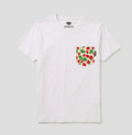 A white short-sleeve pocket t-shirt by Serenmeete, featuring a chest pocket with a red strawberry and green leaf pattern, shown on a light gray background.