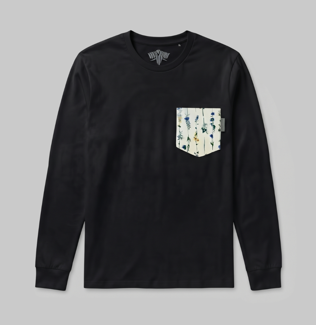 Flower pocket on a black long sleeve shirt.