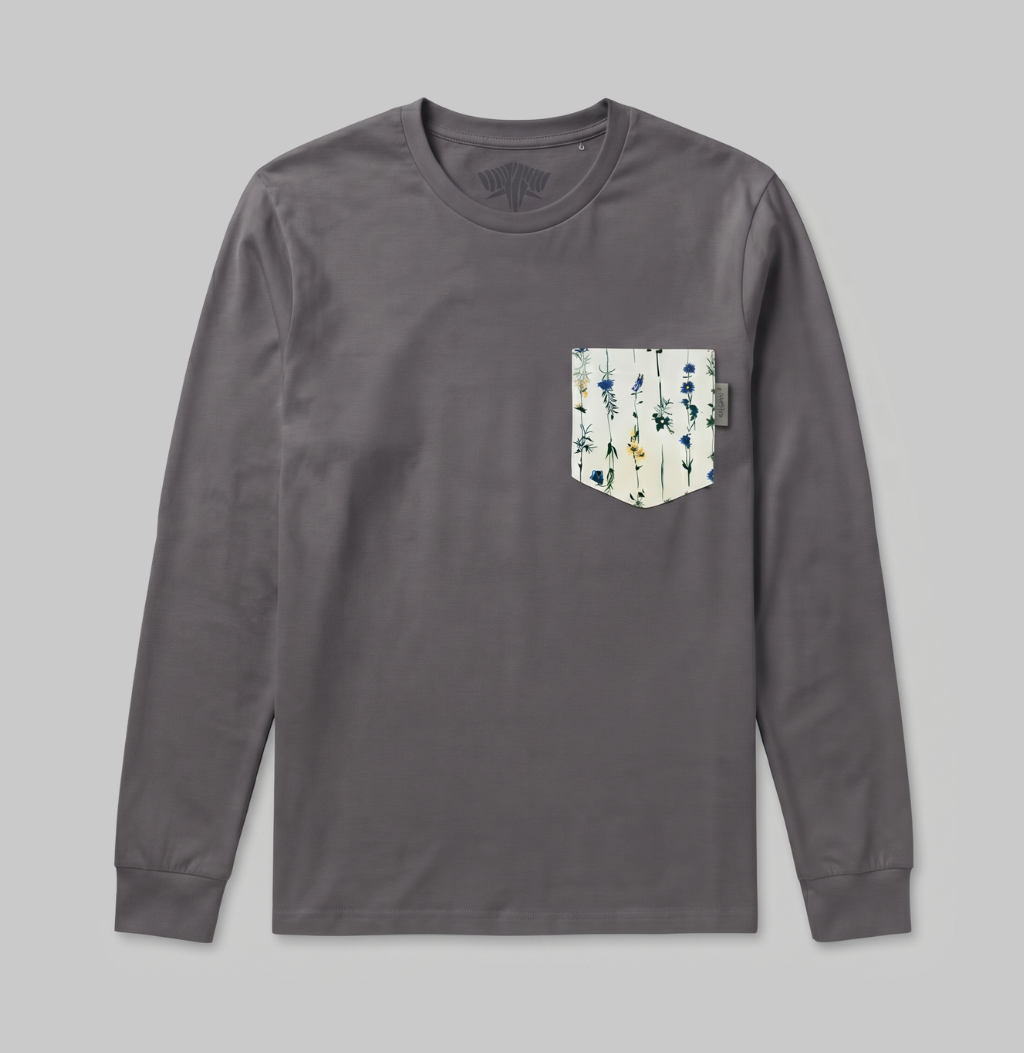 Flower pocket on a charcoal long sleeve shirt.