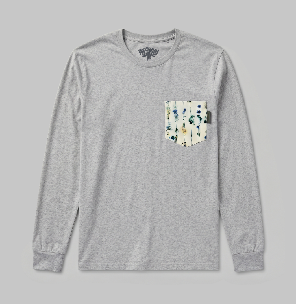 Flower pocket on a heather grey long sleeve shirt.
