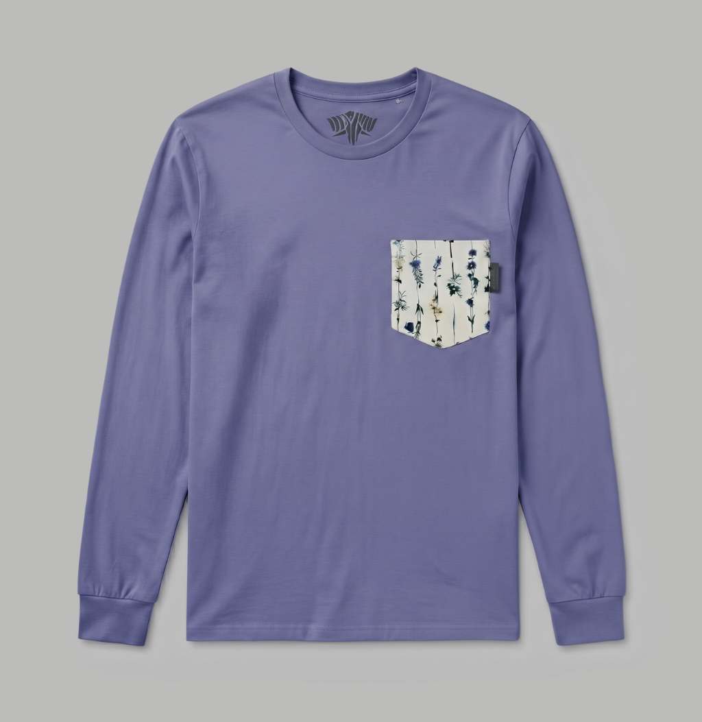 Flower pocket on a lavender long sleeve shirt.
