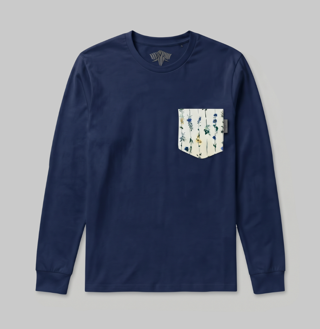 Flower pocket on a navy long sleeve shirt.