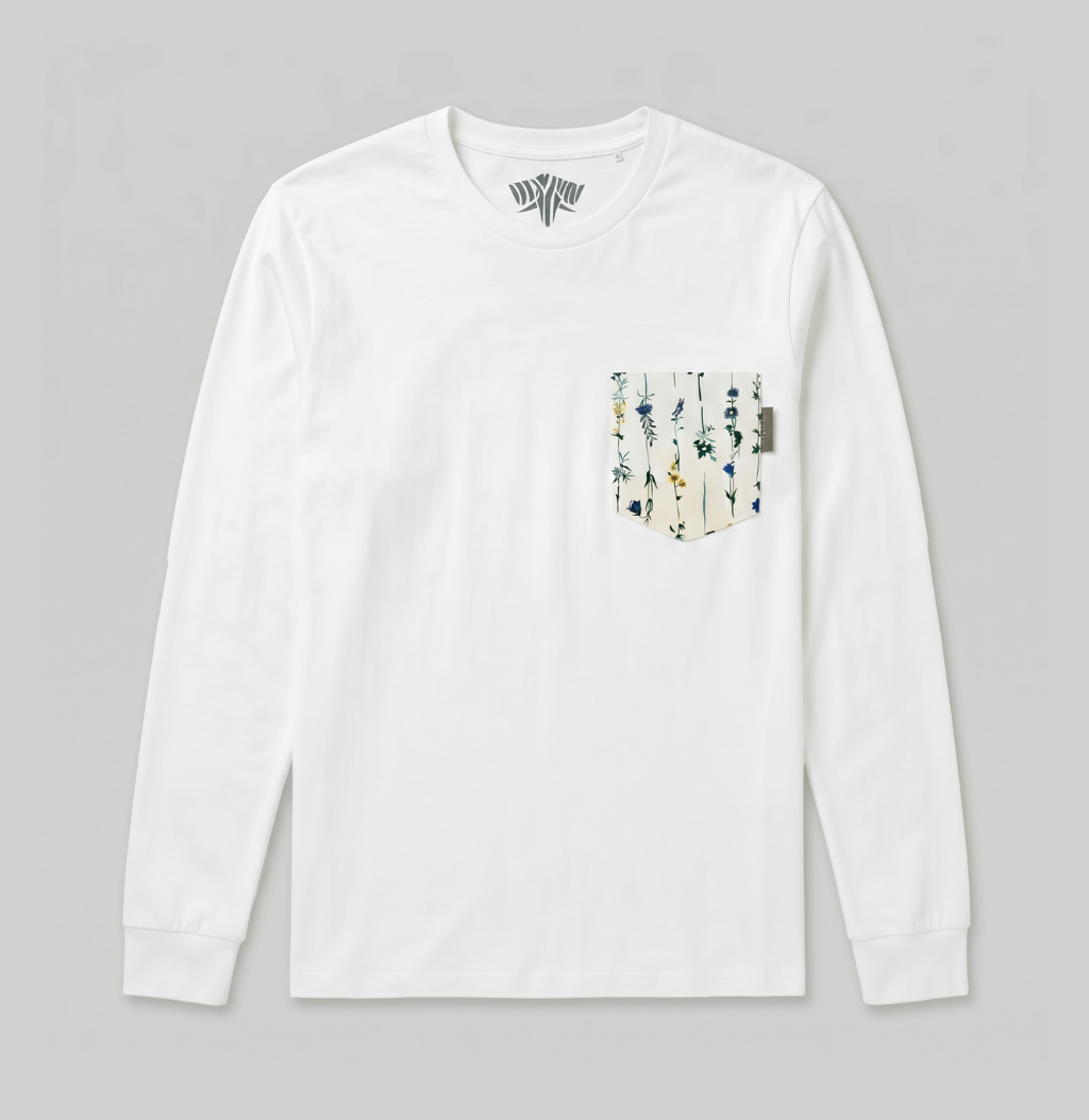 Flower pocket on a white long sleeve shirt.