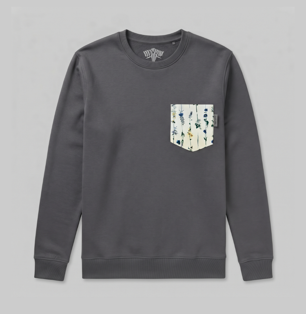 Flower pocket on a charcoal crew sweater.