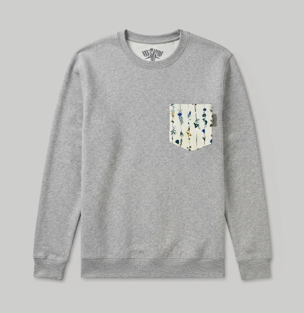 Flower pocket on a heather crew sweater.