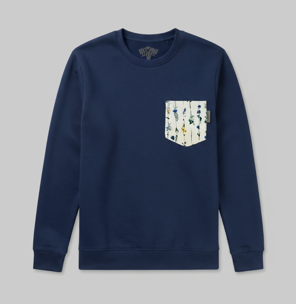 Flower pocket on a navy crew sweater.