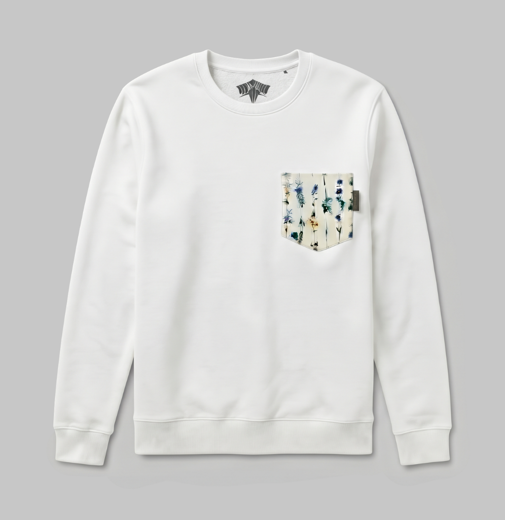Flower pocket on a white crew sweater.