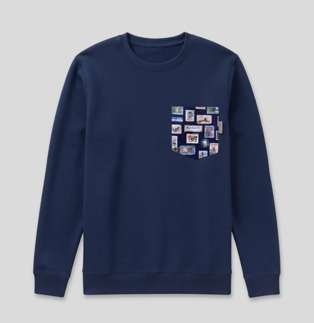 Navy passport stamp fabric pocket on a navy crew sweatshirt.